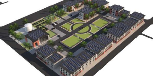 3D image of the Eminent Heights community development with green courtyard  