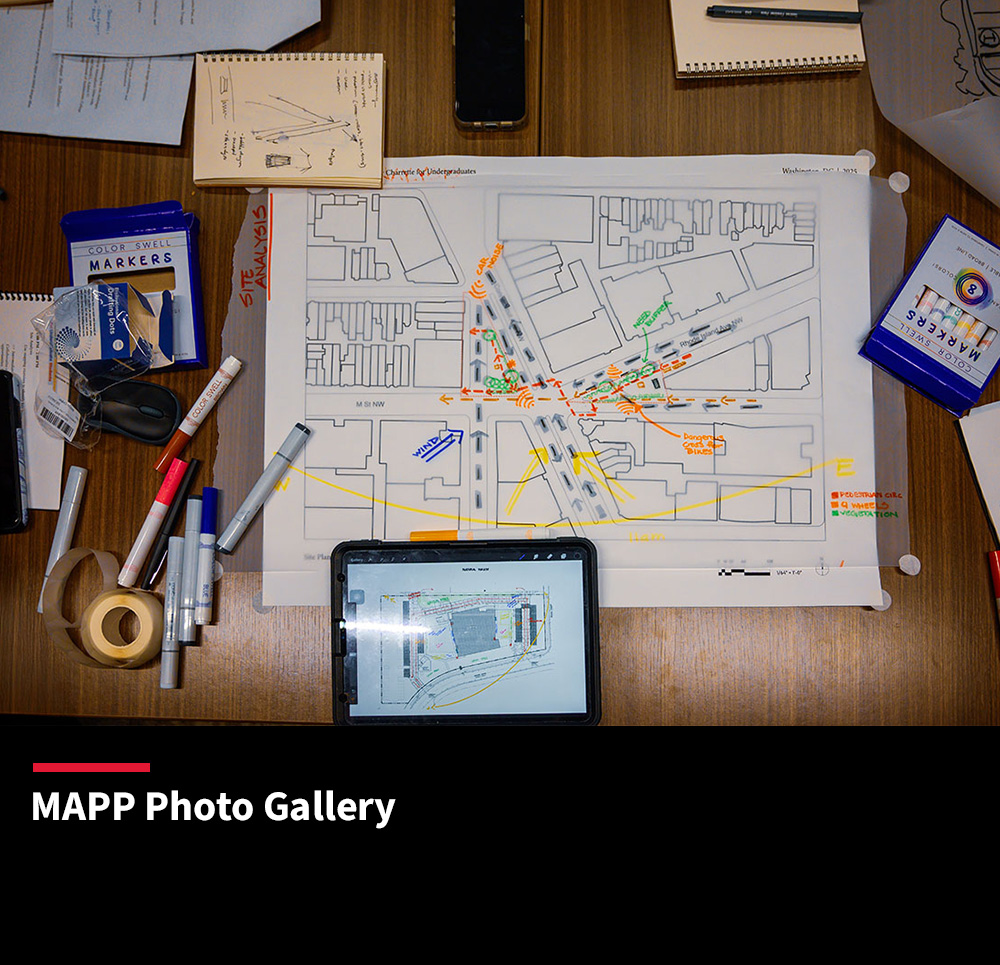 Siteplan design, markers, notebooks with sketches, scotch tape and an iPad with the siteplan