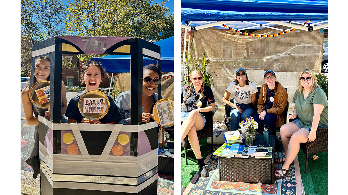 Students smiling while holding printed memes and other students sitting in a booth