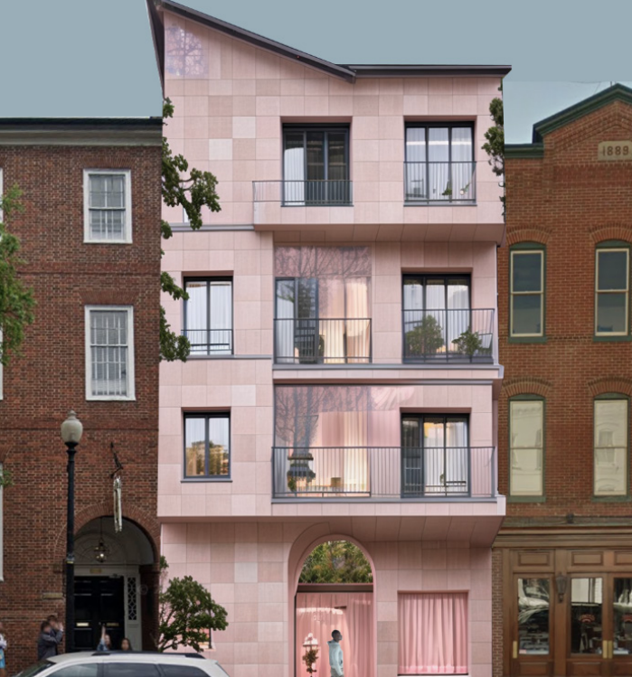 AI-generated pink building among brick row homes
