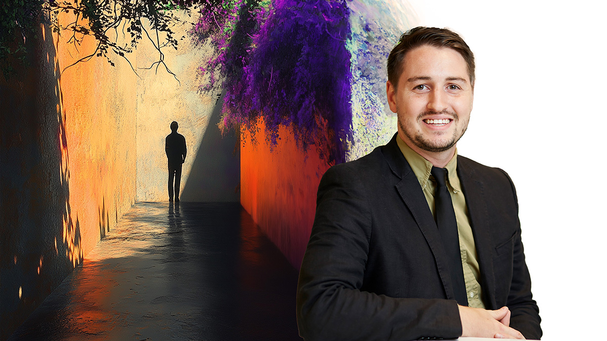 Austin Raimond in front of an AI-generated image of a shadow man standing, surrounded by colorful walls and purple plants.