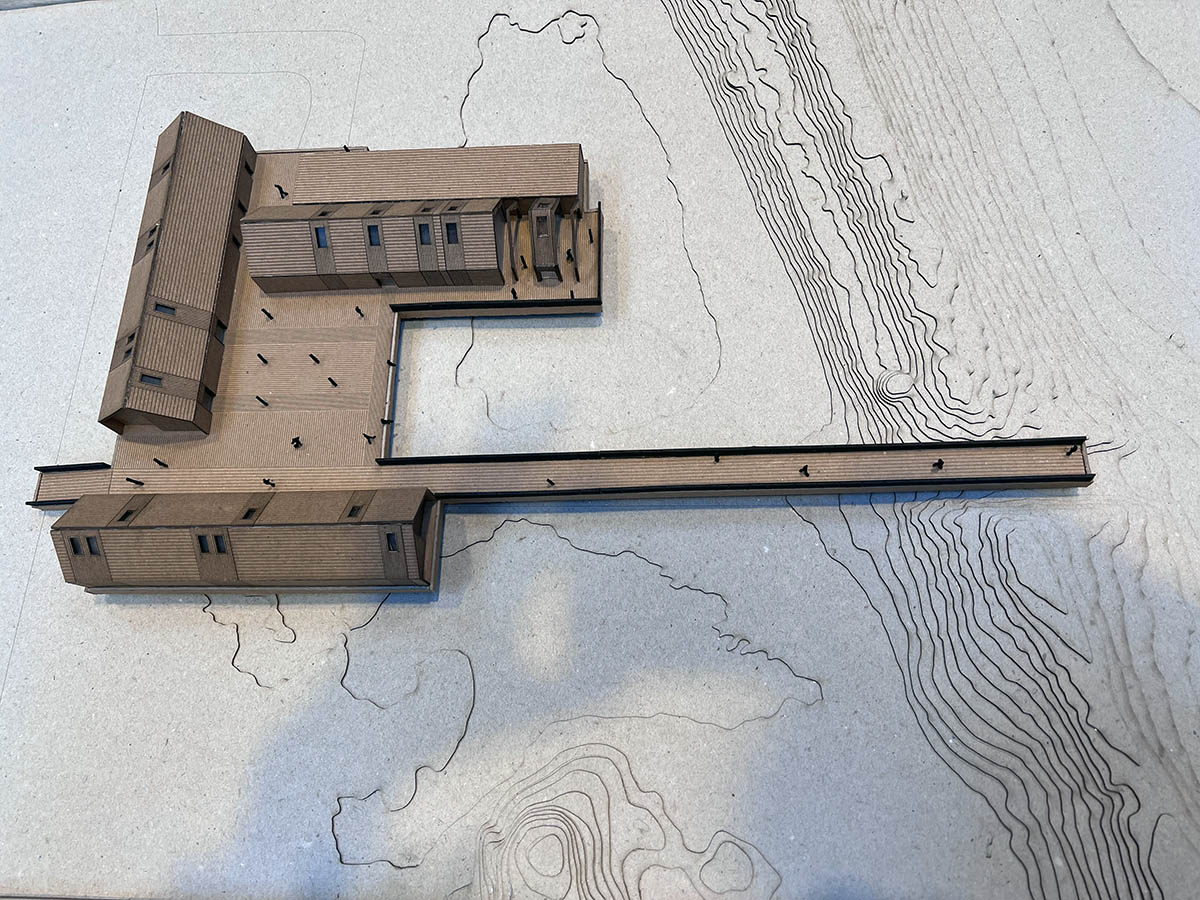 Top view of building model on Assateague Island's topographical map.