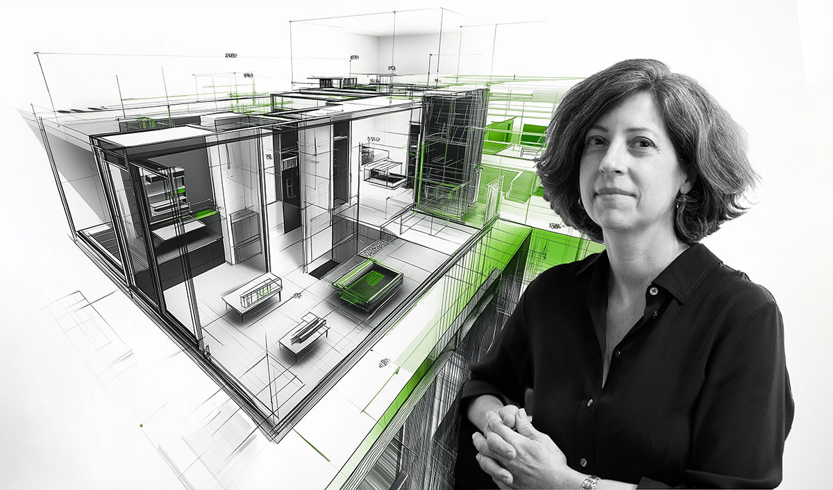 Corie Sharples in front of an AI-generated architecture building plan that is black, white and has shades of green color.