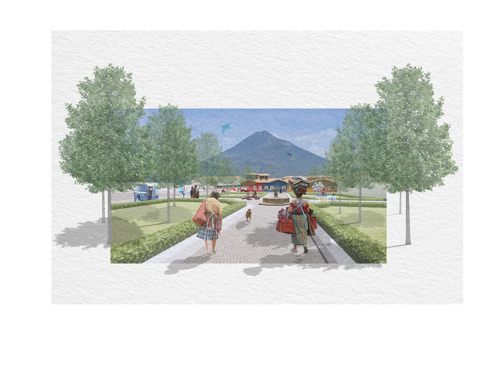 People walking toward their housing development with a volcano in the background