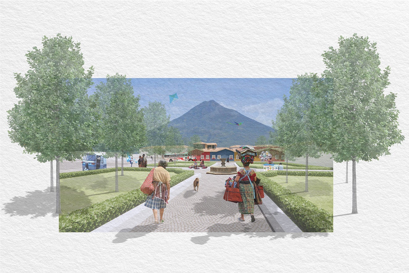 Rendering on watercolor paper texture of people walking in the foreground toward a housing development and a volcano in the background