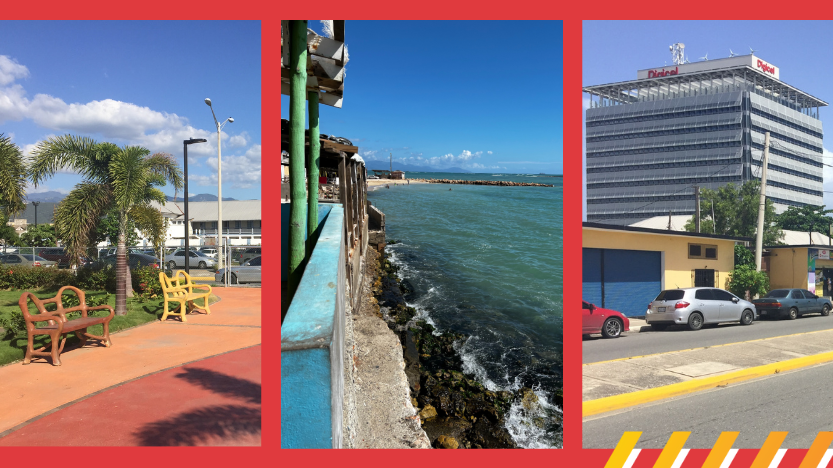 Collage of a park with palm trees, the waterside and a building in Jamaica