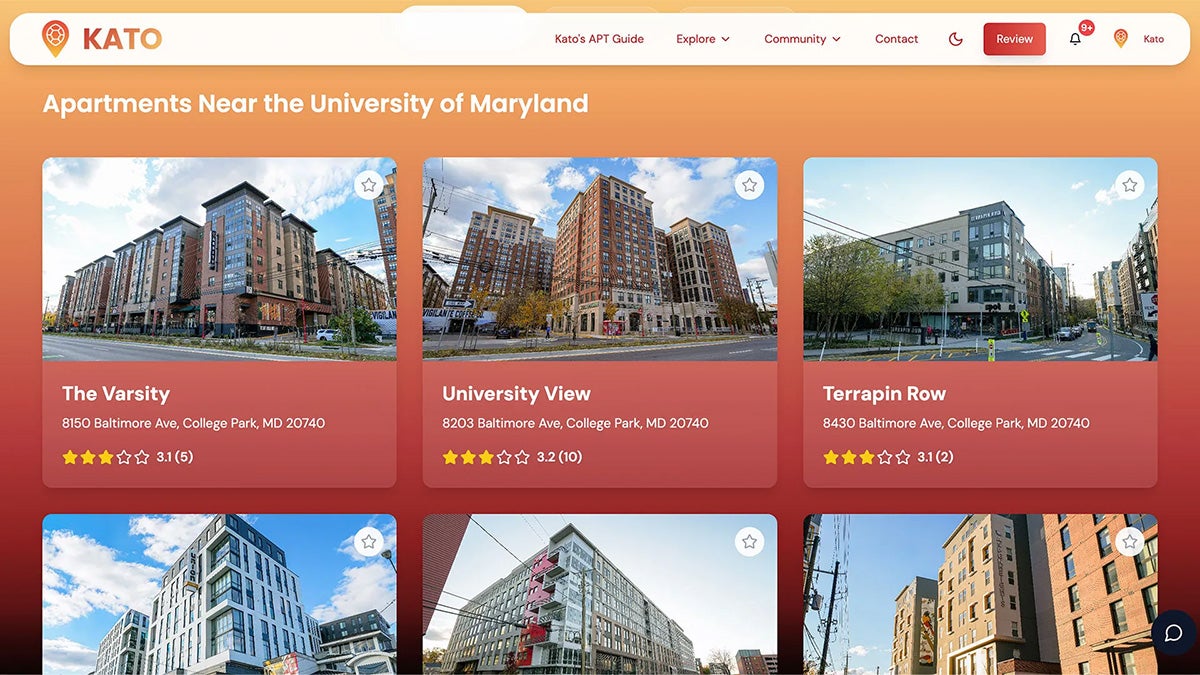 Screenshot of the Kato website showing College Park housing