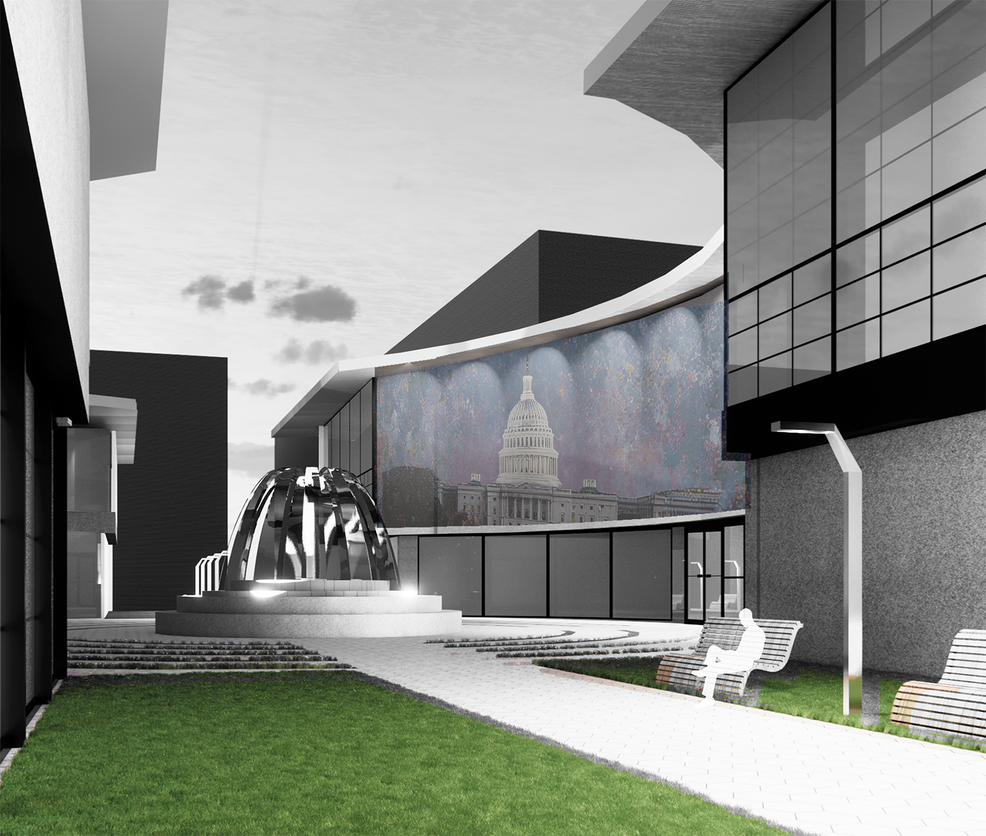 Lauryn Hall's rendering of an after-school center with a courtyard area and projection of the Capitol