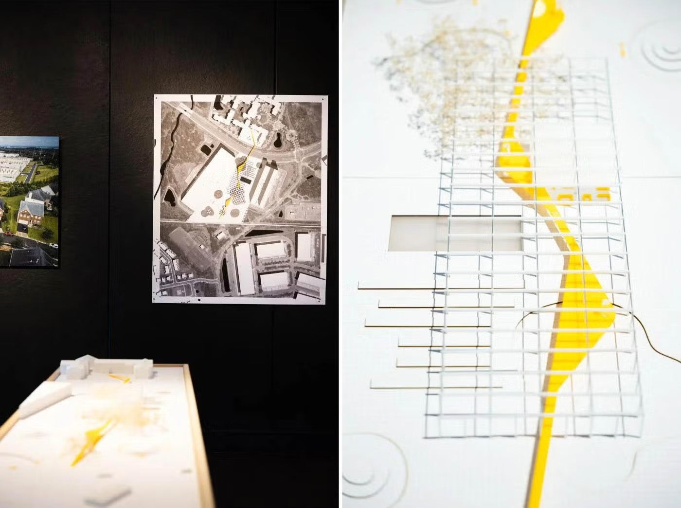 Two images showing an architecture plan and a closeup of a model at an exhibit