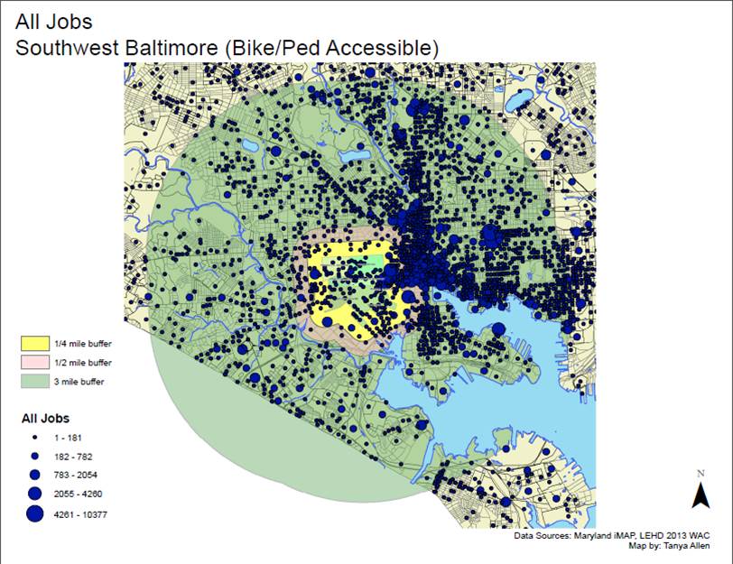 Map of southwest Baltimore Bike/Pedestrian Accessible