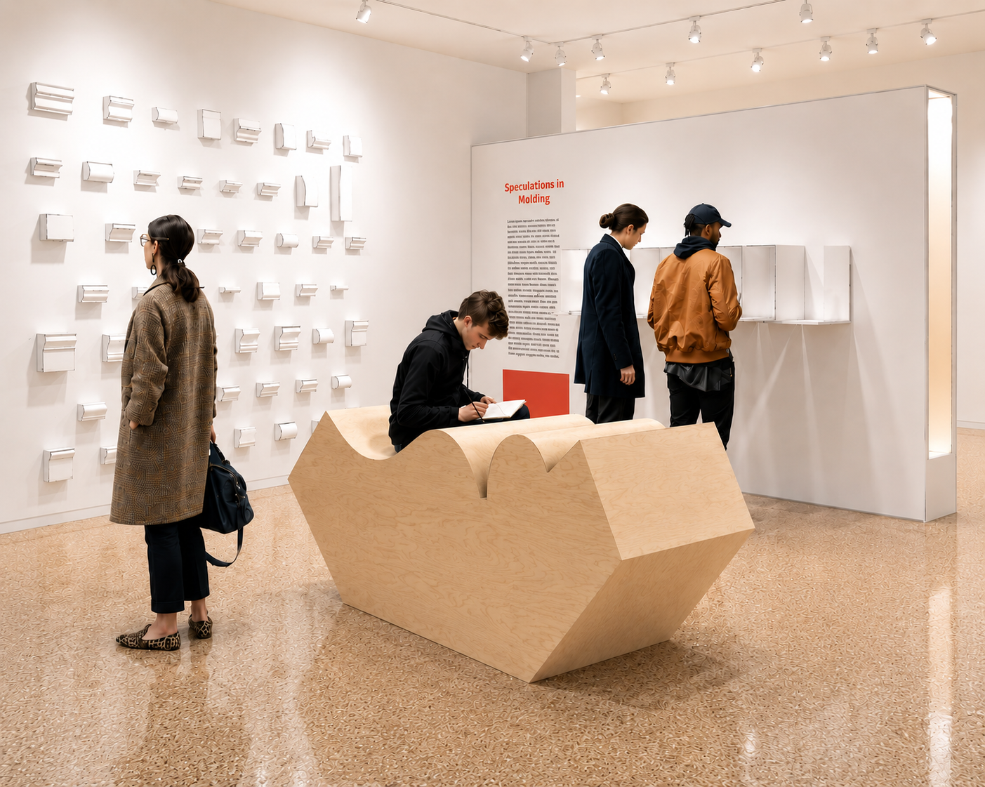 People looking at architecture molding exhibit