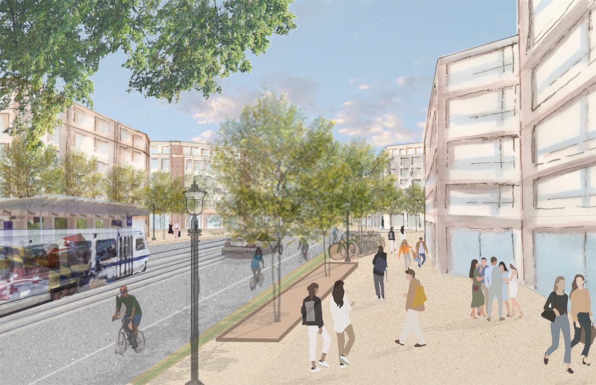 Rendering of new transit view for the Purple Line
