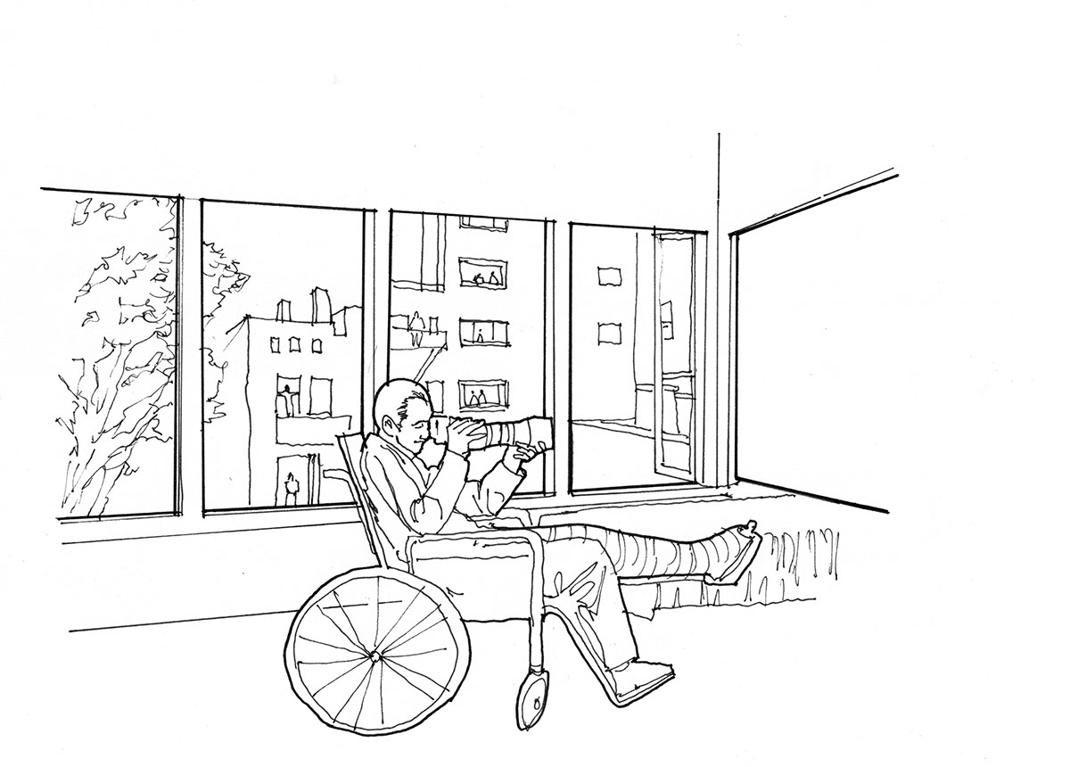 Sketch from the 1954 movie "Rear Window" where Jimmy Steward is looking through a binocular 