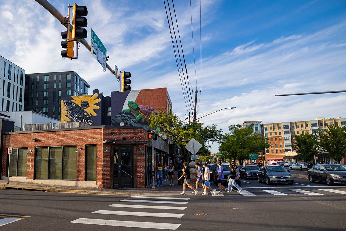 Students walking on Main Street in College Park