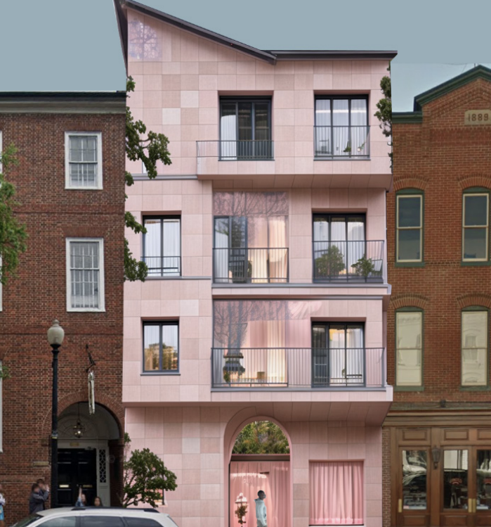 Pink building amongst brick housing generated by AI