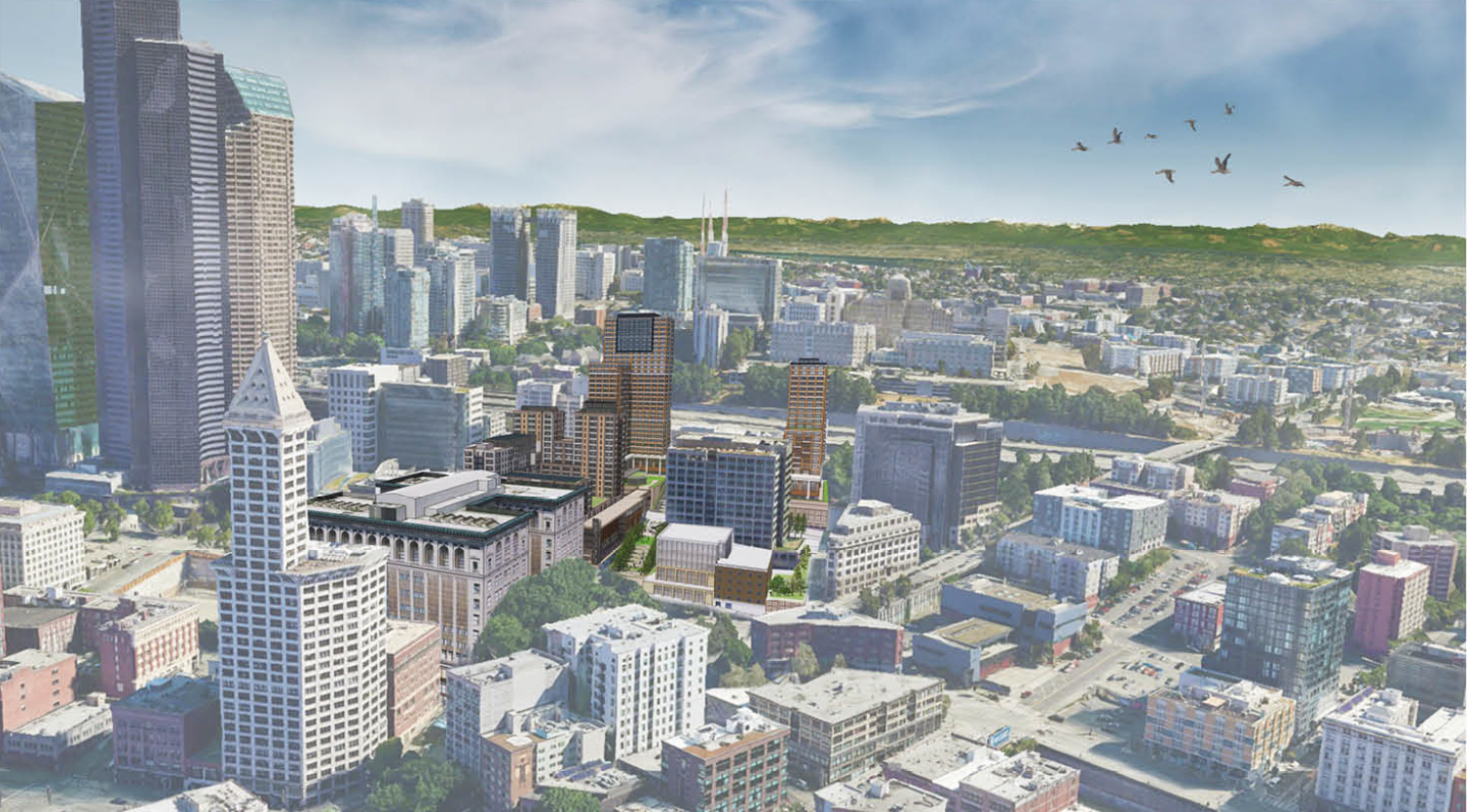 Rendering of a city with skyscrapers and other smaller buildings