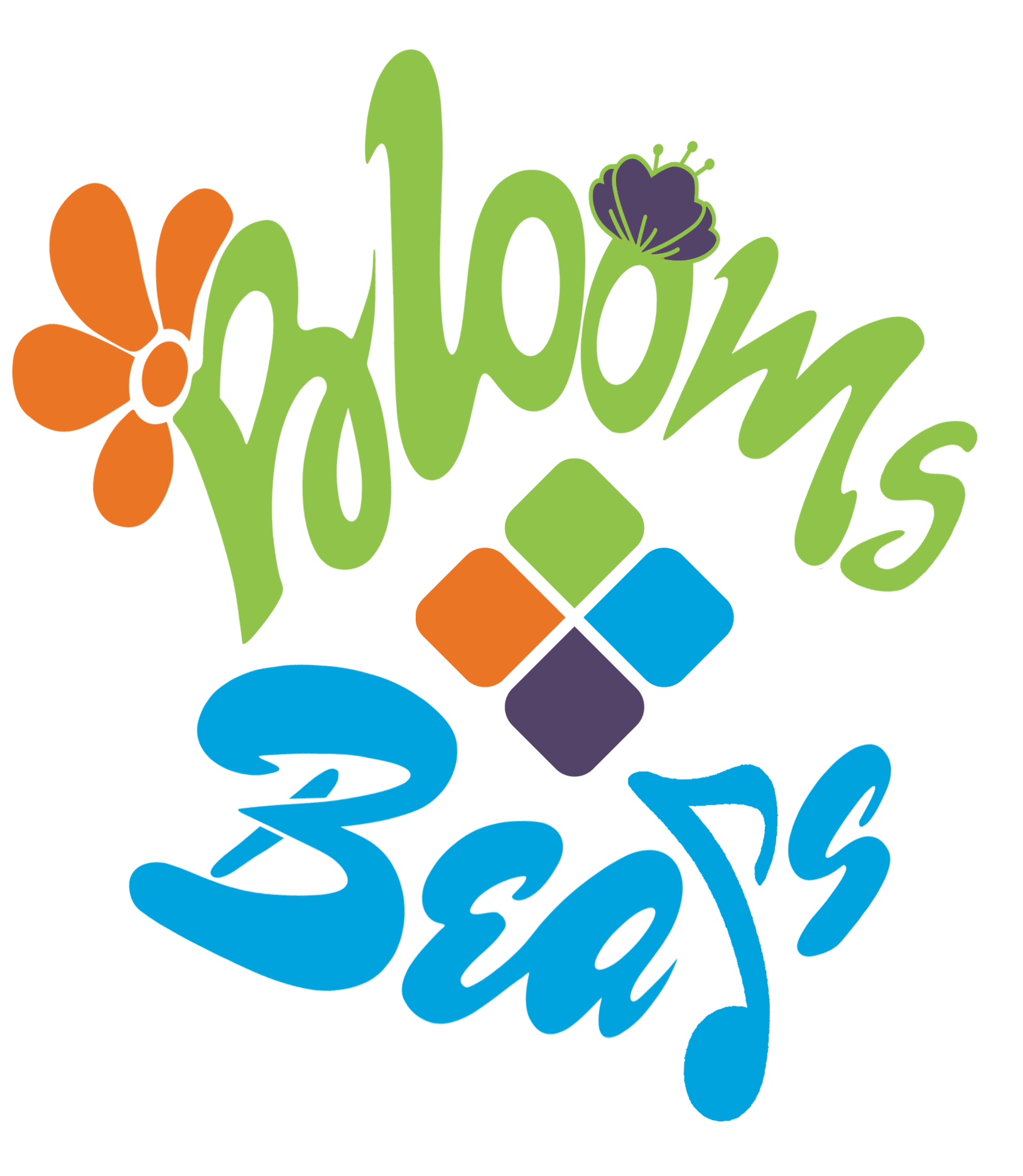 Blooms and Beats bubbly logo in green orange blue and purple