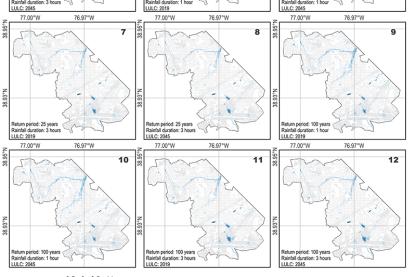 Series of site plans showing urban flooding rainfall over time