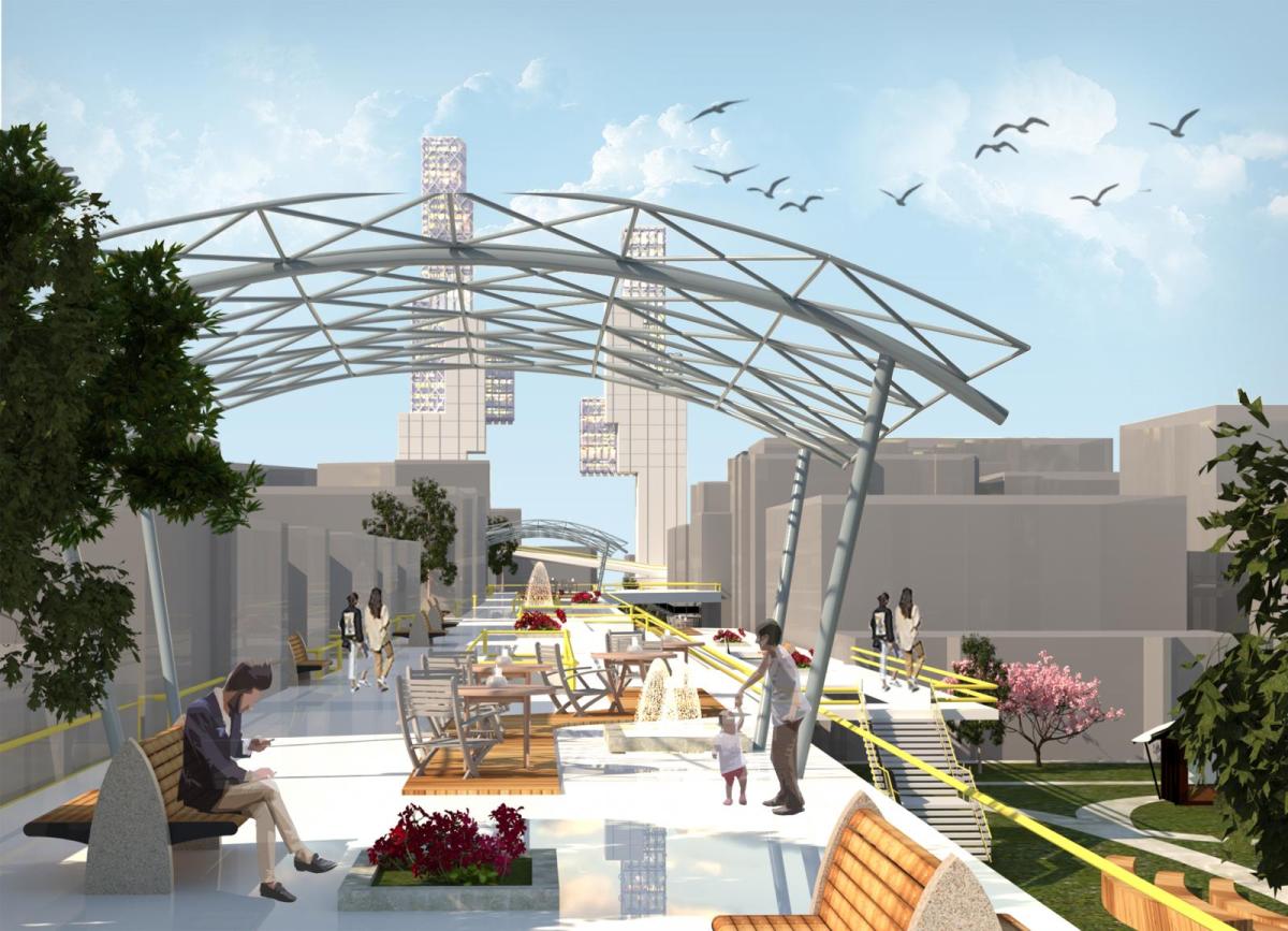Rendering of Hackable City and an outdoor shaded structure