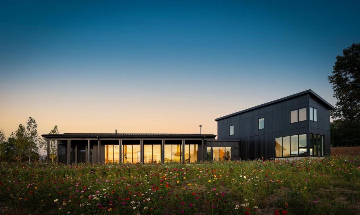 Gardner Architects Flint Hill home at sunset