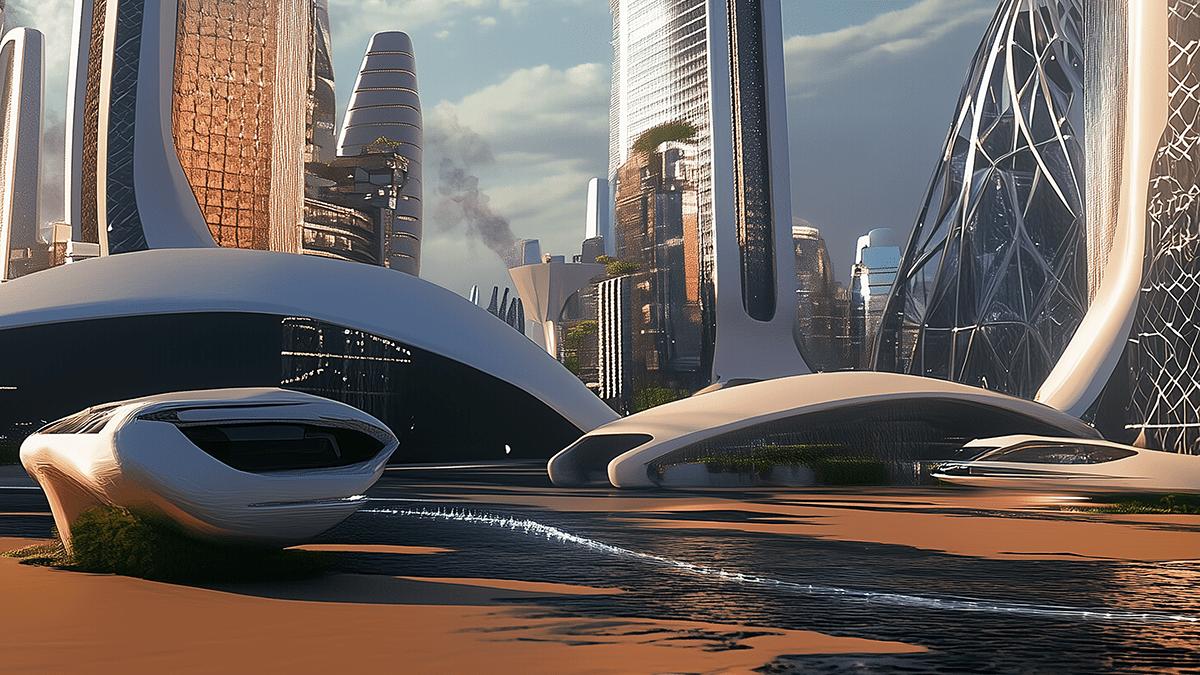 AI-generated futuristic city with modern skyscrapers and undulating structures 
