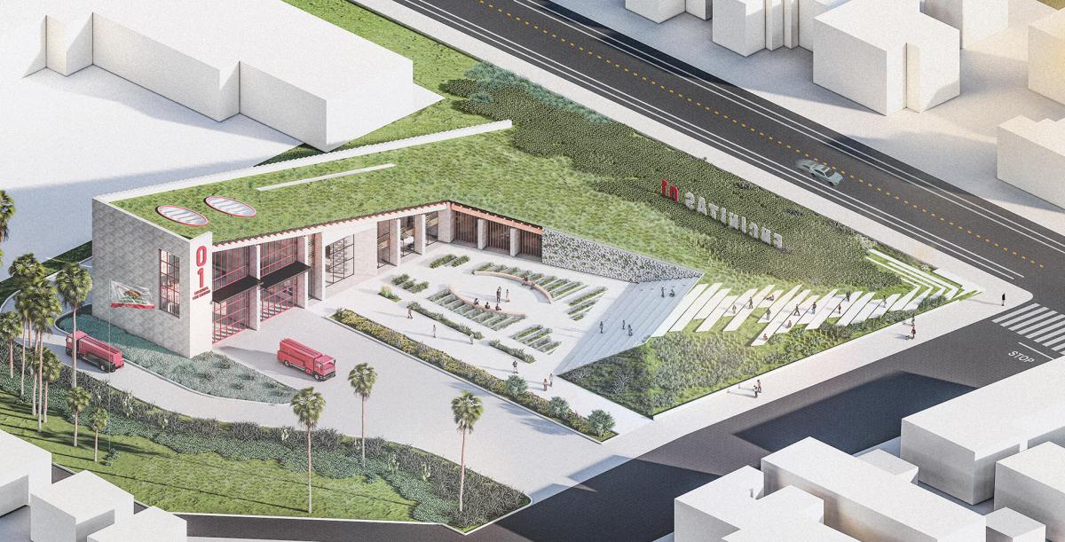 Rendering of winning design of fire station in California
