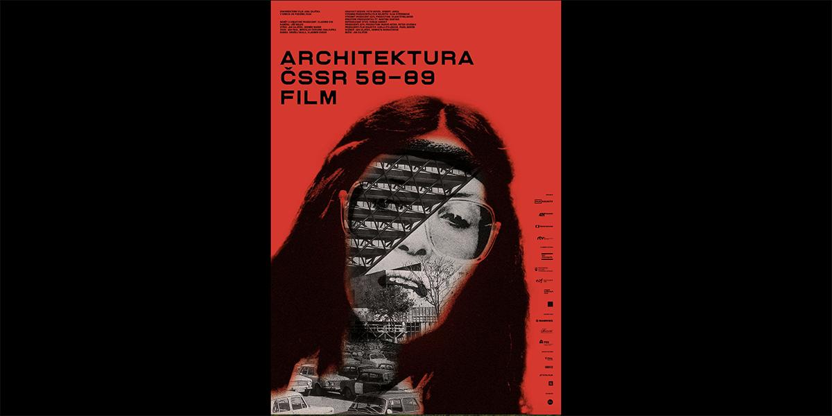 Czechoslovak Architecture Film Poster cover with a collage of a woman's face and architecture. Red and black poster design