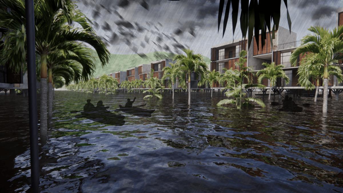 Rendering of three people in kayaks flowing down a large body of water with buildings on their right hand side.  