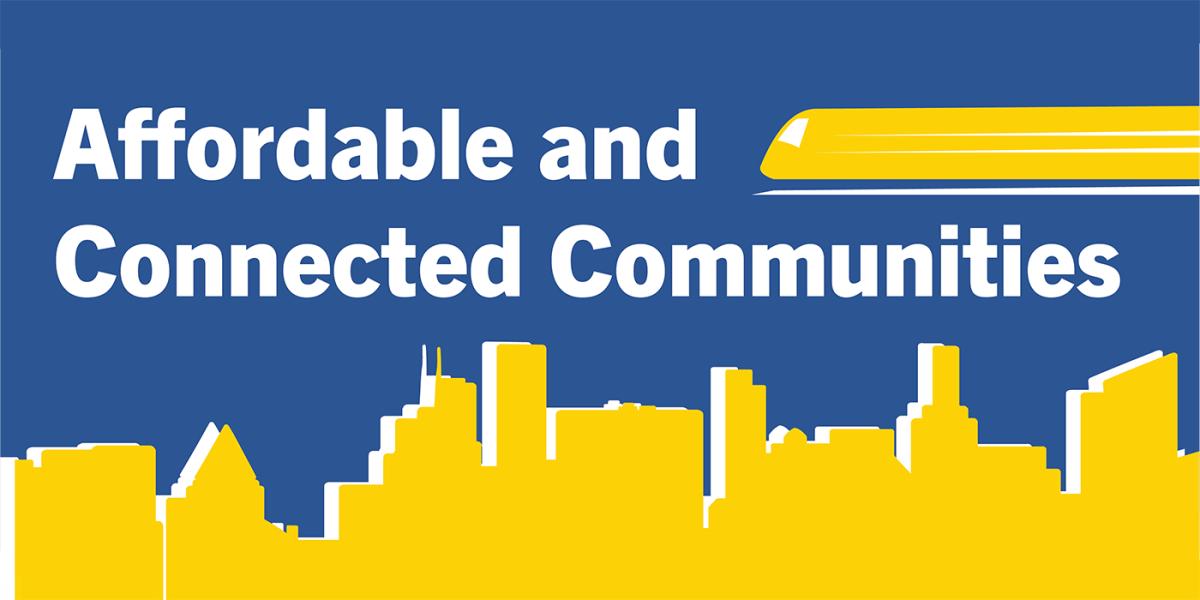 Affordable and Connected Communities with a city silhouette and train