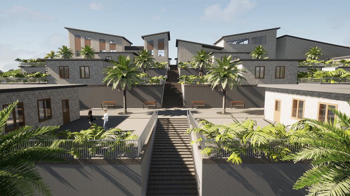 Rendering of a building surrounded by palm trees
