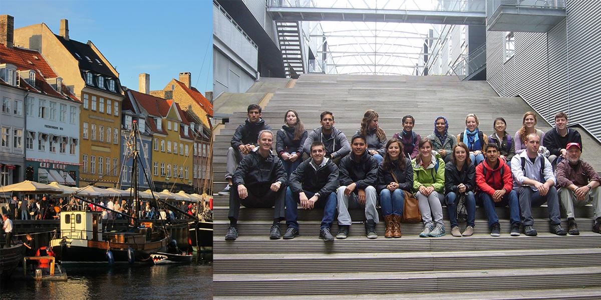 A boat on the water in Scandinavia and group shot of students on their study abroad trip on stairs