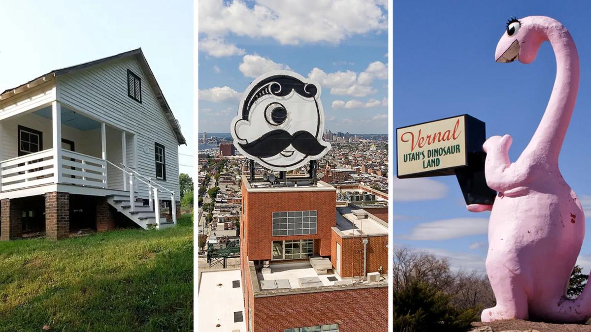 Collage of Nina Simone's home, the National Brewing Company building, and a pink dinosaur in Utah
