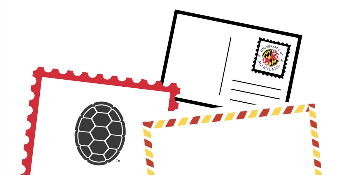 Postcard graphics and stampage with a UMD logo and turtle shell