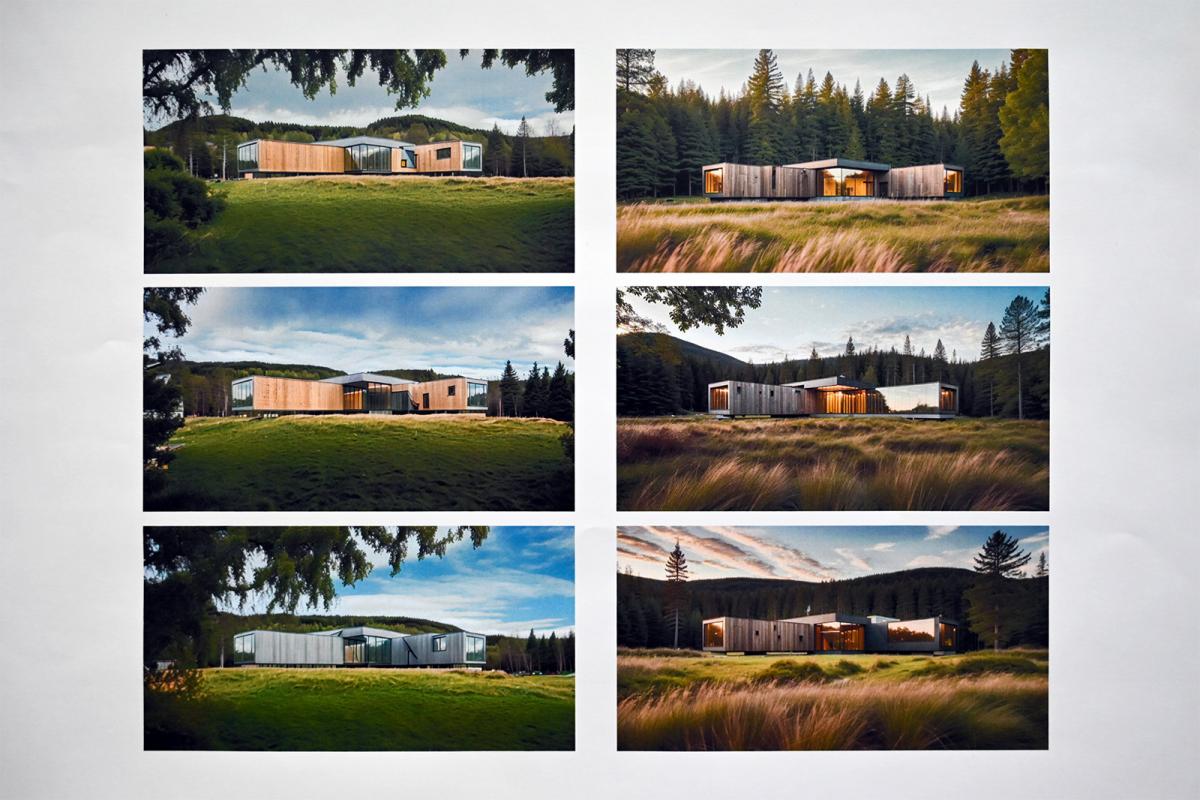 Architectural building renderings in a grass field created with generative AI