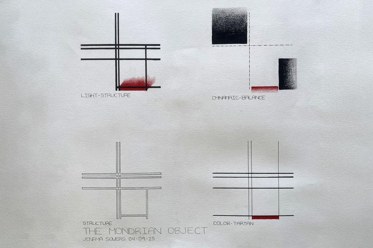 Diagrams of Piet Mondrian paintings on watercolor paper