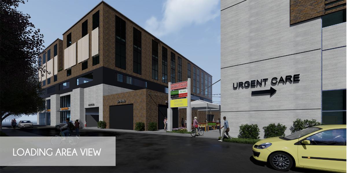 Loading area view of the eastern exchange shopping area showcasing signage for Urgent Care