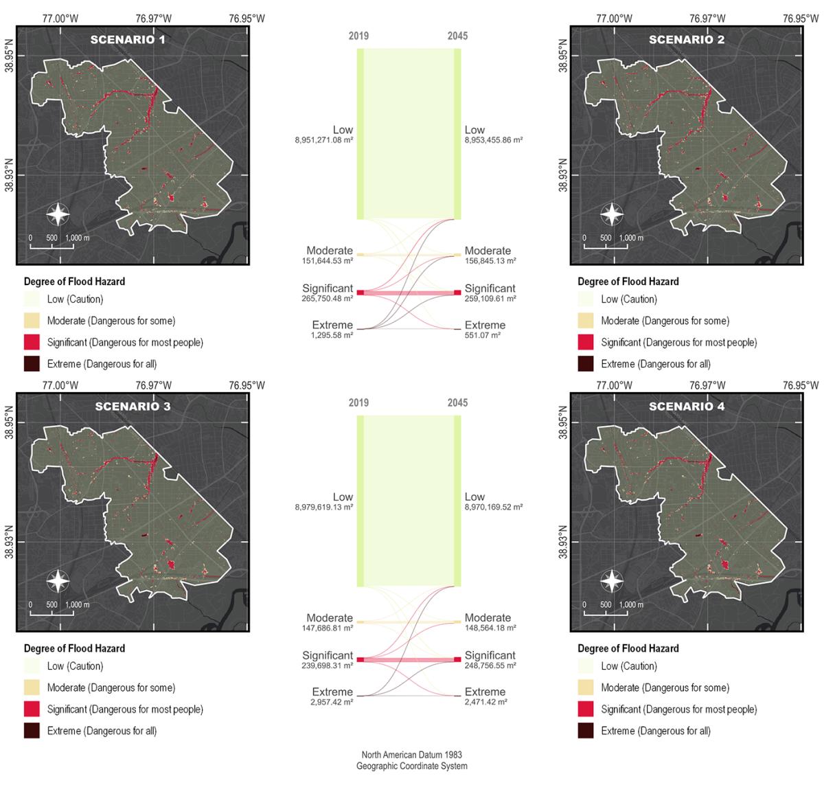 Infographic showing degrees of flood hazard on a urban site map