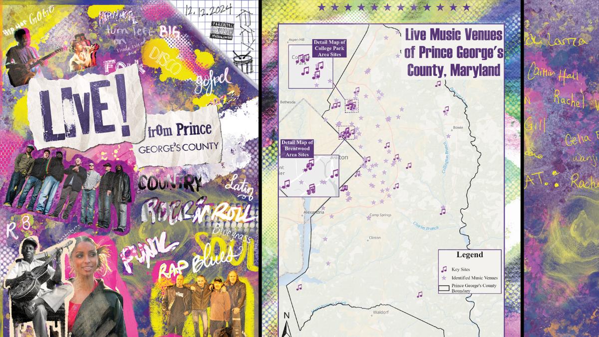 Pink and purple poster for live music in Prince George's County