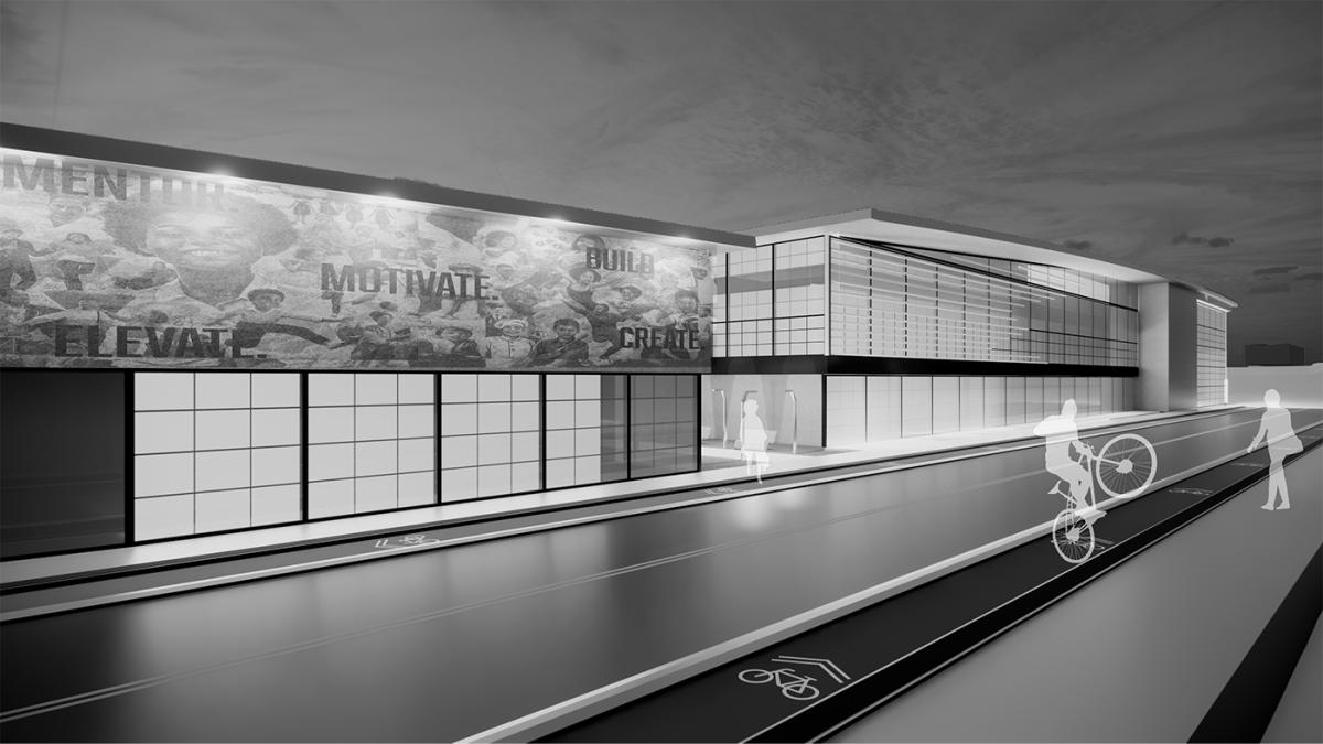 Black and white rendering of a building and silhouettes of people on a bike and walking