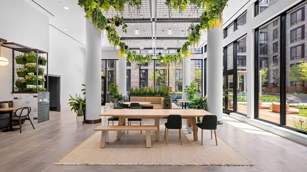 Interior view of The Starburst, with plants and a large table