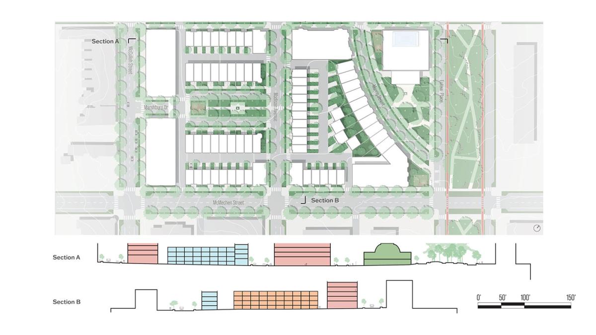 Site sections showing buildings and greenery for Madison Park