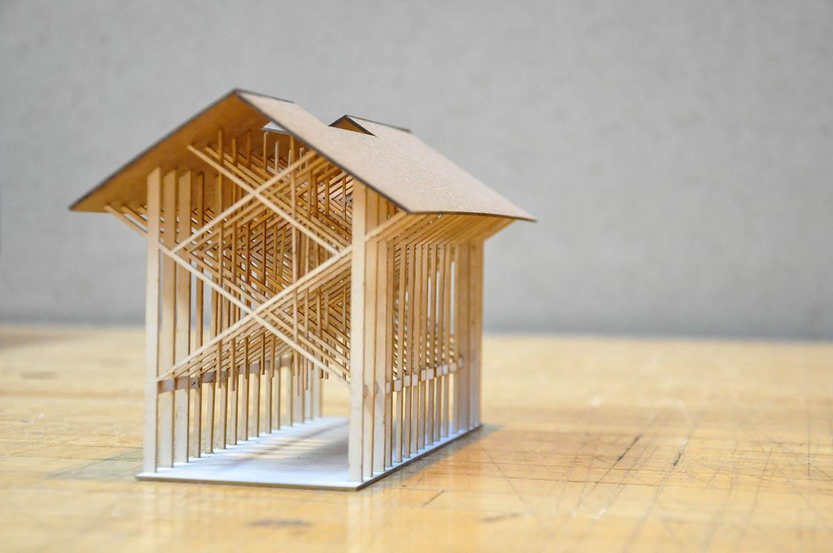 Closeup of wooden model of a chapel