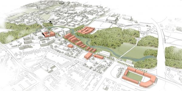 Aerial view of proposed master plan for the Midtown District (rendering by Ken Filler & Austin Raimond)