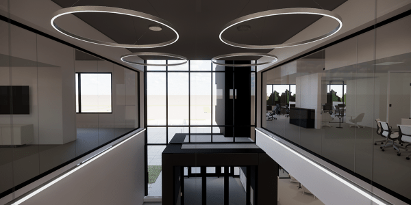 Green Building rendering with overhead circular lights.