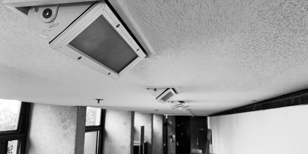 Black and white photo of the Linear Gallery's ceiling lights.