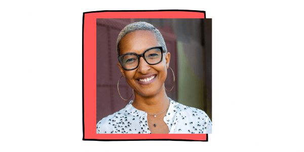 Dr. Brandi Summers headshot in front of a pink square with a black pencil-like border