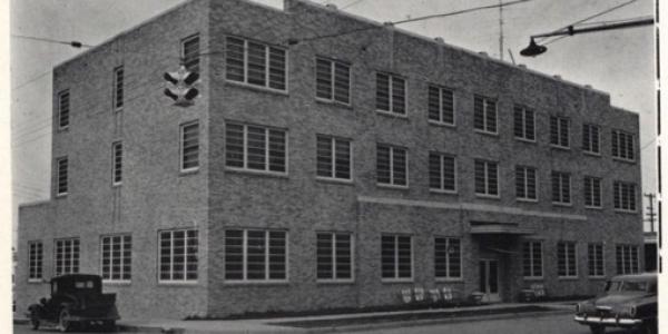 Black and white image of the Long Hotel in Stephenville, Texas