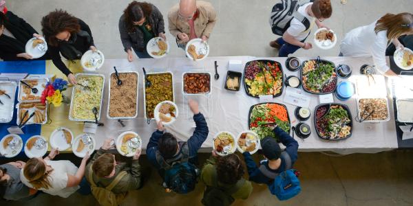 Community lunch, aerial view of buffet table