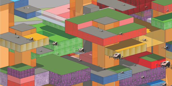 Aerotropolis: multi-color 3D blocks and a series of helicopters.