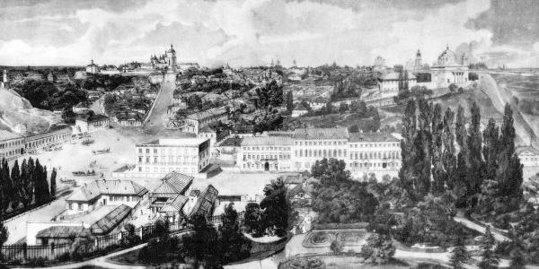 The Maidan, Khreschatyk Street and the St. Sophia and St. Michael's complexes in 19th Century Kyiv.